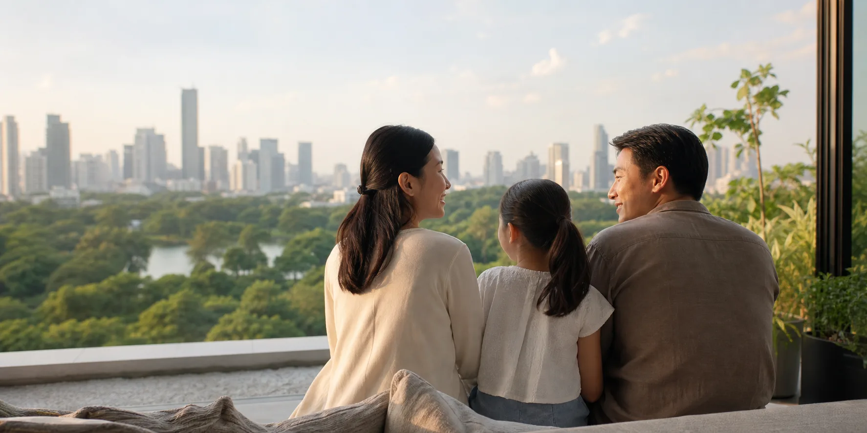 ครอบครัวไทยใช้เวลาร่วมกันท่ามกลางบรรยากาศเมืองและพื้นที่สีเขียว